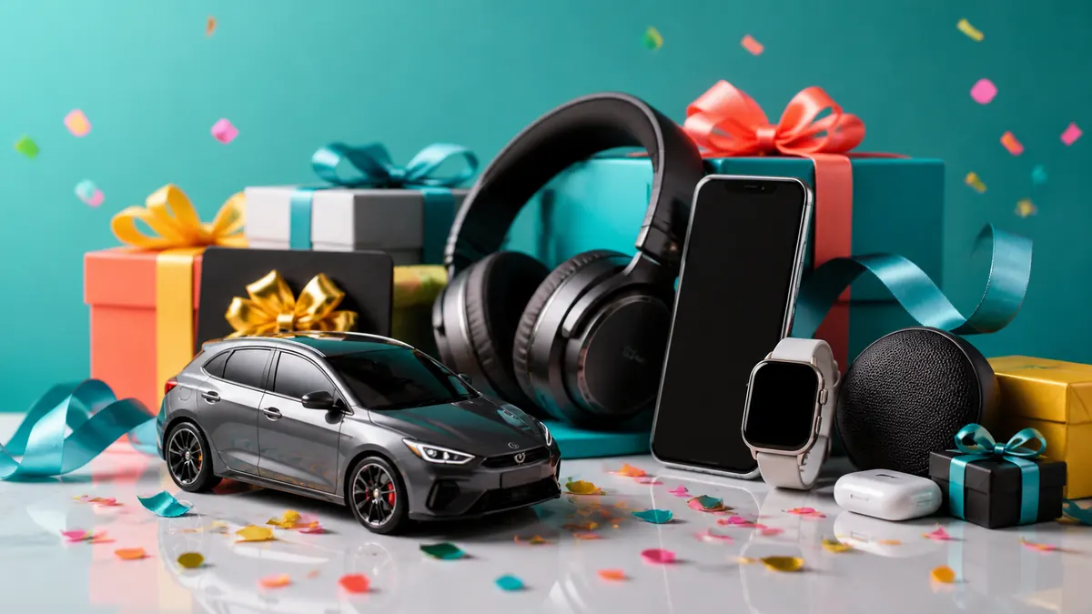 Prize bundle with a toy car, headphones, smartphone, smartwatch, wrapped gifts, and colourful confetti
