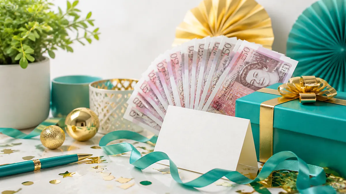 Colourful cash prize arrangement with pound notes, a gift box, teal ribbon, and gold confetti
