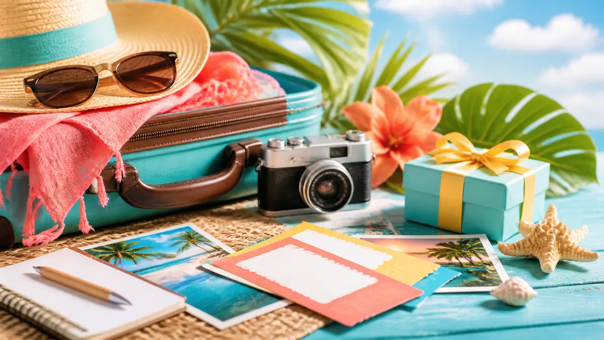 Sunny travel prize scene with a colourful suitcase, sunglasses, camera, gift box, and blank tickets